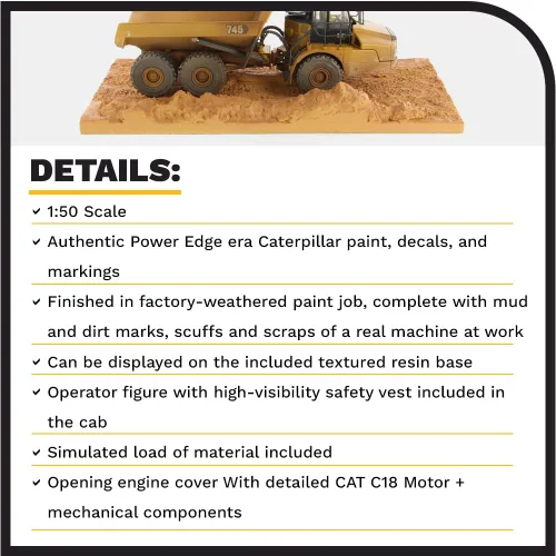 Vista 4 de Diecast Masters Camión volquete articulado Caterpillar 745 Escala 1:50 Camiones Cat Series Weathered y equipo de construcción Modelo 85704