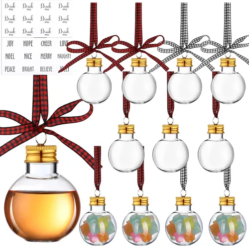 Vista 10 de Kajaia 12 bolas de alcohol de Navidad rellenables para árbol de Navidad con calcomanías de cinta a cuadros de búfalo, adornos de plástico