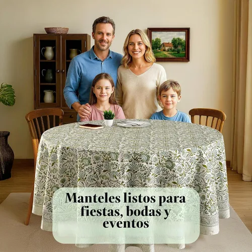 Vista 3 de CPC Mantel redondo - Mantel de algodón con estampado de bloques indios - Mantel de algodón impreso a mano y lavable - Primavera/Verano, mantel