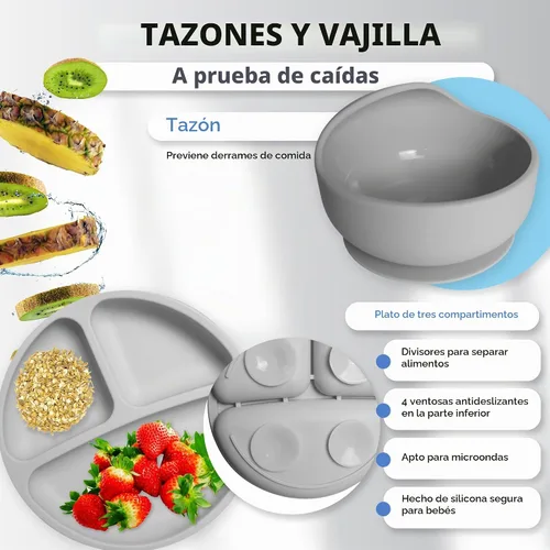 Vista 3 de Bluet B - Set de alimentación de bebé de silicona con chupete - Suministros de destete LED para bebés - Cucharas para bebés, cuenco de succión Gris