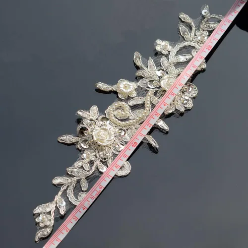 Vista 3 de Bling Paillette - Apliques de encaje con cuentas de perlas para novia, parche de costura para bricolaje, cinturón de boda, zapatos, marfil (2 piezas)