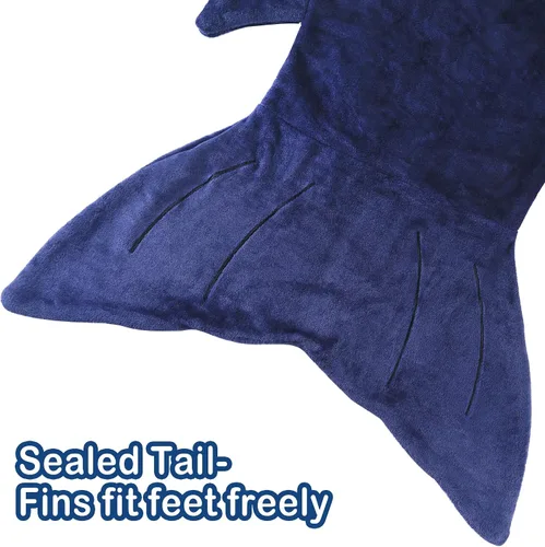 Vista 4 de Softan Manta de tiburón para niños, franela suave, juguetes para niños, manta de forro polar con cola de tiburón, azul oscuro, cálida y suave