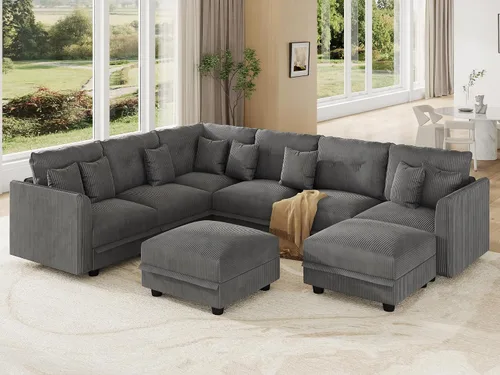 Vista 20 de LLappuil Sofá seccional modular con asientos de almacenamiento, sofá seccional convertible modular en forma de U de pana para sala de estar, sofá