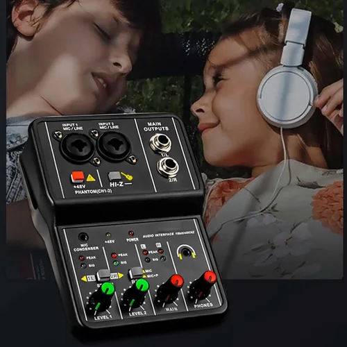 Vista 4 de Mezclador de dos canales más barato, mezclador de sonido pequeña interfaz de grabación de audio, 2 canales mezclador de audio USB 48V Power Compact