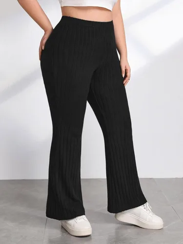 Vista 4 de OYOANGLE Pantalones de yoga acampanados de punto acanalado para mujer, talla grande, pantalones casuales