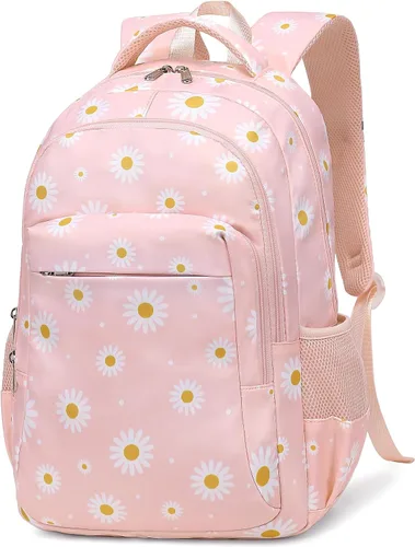 Vista 7 de LEDAOU Mochila escolar para adolescentes, niños y niñas, mochila escolar, mochila de viaje, casual, Margarita Blanca Rosa, Moderno