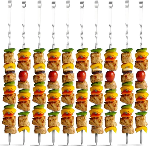 Vista 3 de Paquete de 12 brochetas Kabob para barbacoa, de acero inoxidable, resistentes, grandes, anchas, reutilizables, con mango de anillo antideslizante