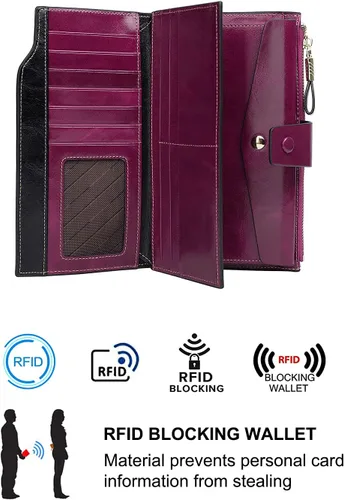 Vista 16 de Cartera plegable de cuero de gran capacidad con bloqueo RFID para mujer