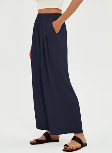 Vista 3 de Beaully Pantalones de lino para mujer, cintura alta, pierna ancha, pantalones palazzo, casuales, holgados, largos con bolsillos