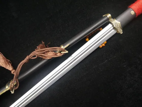 Vista 7 de Espada china/Tang jian/hoja de acero de Damasco/vaina de madera negra/accesorios de latón/espiga completa/longitud: 39 pulgadas
