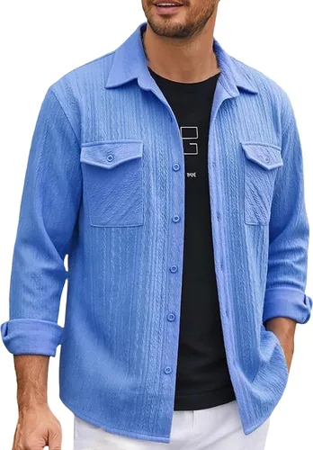 Vista 34 de Camisas con botones para hombre, casual, de manga larga, con cuello jacquard, texturizada, ligera, sobrecamisa, sobrecamisa