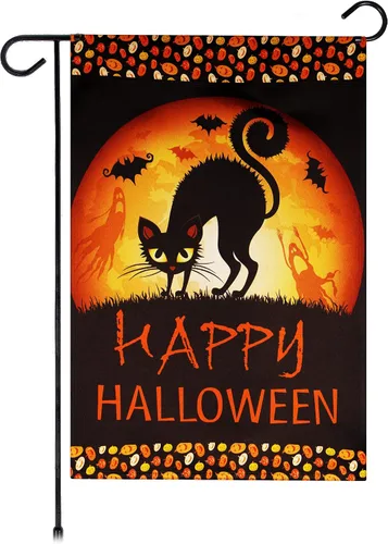 Vista 10 de G128 - Bandera de jardín de Halloween, cita de truco o trato con bonito búho, decoraciones de jardín y patio, bandera rústica de temporada para 12 x