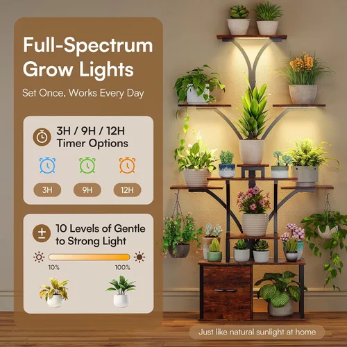 Vista 3 de Soporte para plantas de interior de 63 pulgadas con luces de crecimiento, estante de plantas de 10 niveles con cajón, soportes de esquina