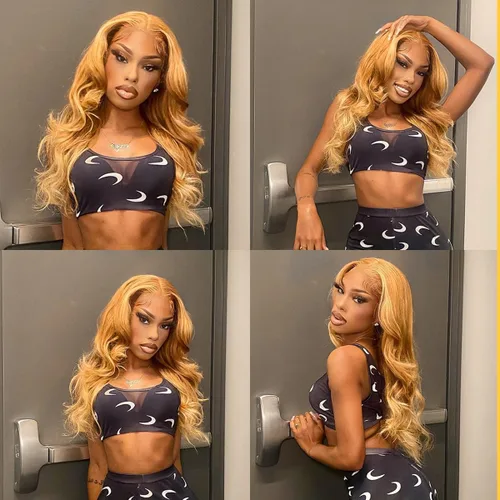 Vista 7 de #27 Peluca de encaje frontal rubia miel sin pegamento, onda corporal, pelucas de encaje frontal sintéticas prediseñadas, con línea de cabello