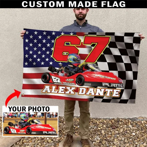 Vista 2 de Sprint Car Racing - Foto personalizada, nombre y número de carreras de bandera estadounidense a cuadros para amantes de las carreras de pista