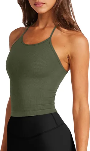 Vista 2 de LASLULU Brasier deportivo para mujer, sin costuras, largo, sin mangas, espalda cruzada, tirantes delgados, para entrenamiento, yoga, con relleno