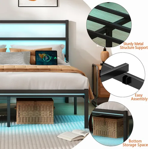 Vista 7 de CLIBFENG Base de cama individual con cabecero, soporte de listones de acero resistente, marco de cama LED con estación de carga USB, base de colchón