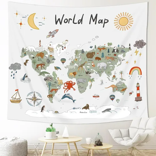 Vista 7 de Imirell Tapiz de mapa del mundo para niños, 59 pulgadas de ancho x 51 pulgadas de alto, lindo animal de dibujos animados, herramienta de aprendizaje