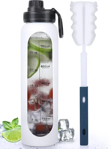 Vista 8 de Botellas de agua de vidrio de 32 onzas con funda de silicona, botellas de hidratación reutilizables de borosilicato de boca ancha, botella de agua