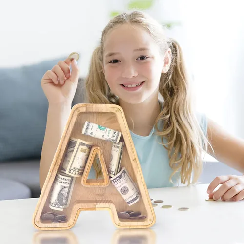 Vista 2 de WOOD CITY Alcancía con letras para adultos, niños y niñas, de madera de 9 pulgadas, caja de dinero personalizada, nombre personalizado, regalo