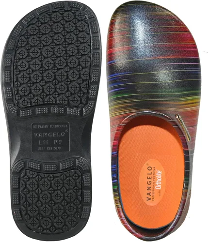 Vista 4 de VANGELO Zuecos profesionales antideslizantes para mujer, zapatos de trabajo, zapatos de enfermera, zapatos de chef, negro, blanco, lima, multicolor