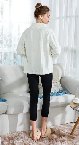 Vista 3 de Chaqueta de cama con cuello de chal de forro polar coral con aguja azul para mujer