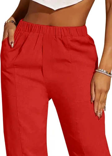 Vista 4 de Vrtige Pantalones largos elásticos casuales de cintura alta con bolsillos para mujer