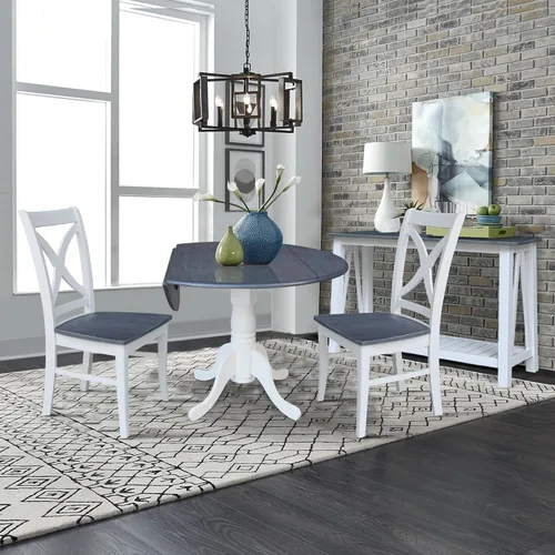 Vista 4 de IC INTERNATIONAL CONCEPTS Mesa de comedor de madera de hoja abatible de 42 pulgadas con 2 sillas con respaldo en X en blanco/gris jaspeado