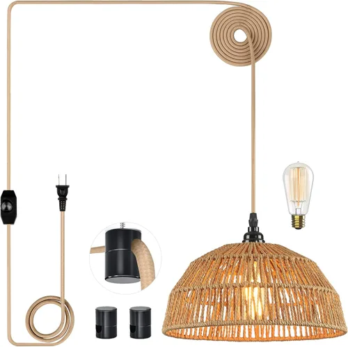 Vista 9 de Lámpara colgante enchufable, luces colgantes con cable de algodón dorado de 15 pies e interruptor de atenuación continuo, pantalla de cuerda