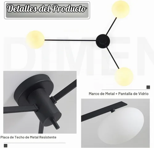 Vista 2 de Lámpara de araña moderna Sputnik de 3 luces con pantalla de vidrio lechoso - Lámpara de techo empotrada negra para cocina