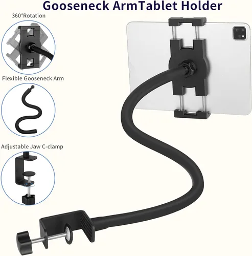Vista 6 de Soporte para iPad de cuello de cisne, soporte de abrazadera para tableta, escritorio, mesa, cama, silla, atril, brazo ajustable de 360° para cocina