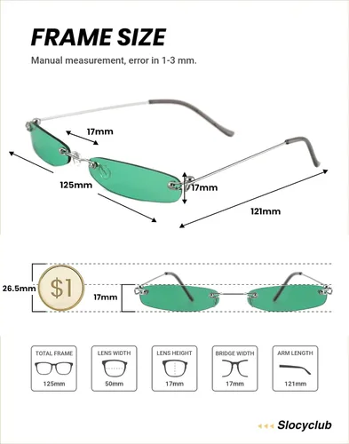 Vista 4 de Slocyclub Vintage Rectangle Skinny Sunglasses for Women Men, Y2K Retro Small Thin Sunglasses, Rimless Trendy Sunglasses