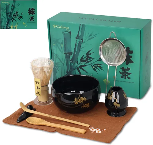 Vista 2 de Juego de batidor de matcha, 8 piezas de oro de flor de ciruelo para ceremonia de té japonesa, cuenco de cerámica con boquilla, batidor de bambú
