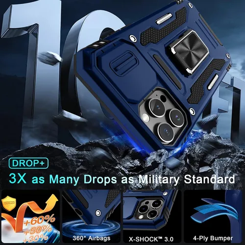 Vista 131 de DEERLAMN Funda para iPhone Xs Max con funda deslizante para cámara + protector de pantalla, soporte giratorio de anillo de grado militar a prueba