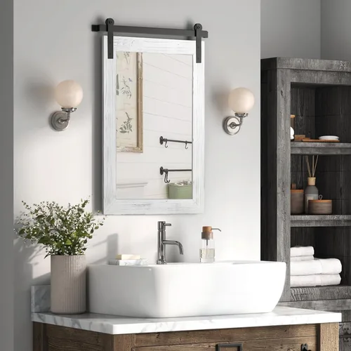 Vista 66 de COGOOD Espejo de puerta de granero de granja, 25 x 18 pulgadas, espejo decrativo con marco de madera rústica para baño, sala de estar, decoración