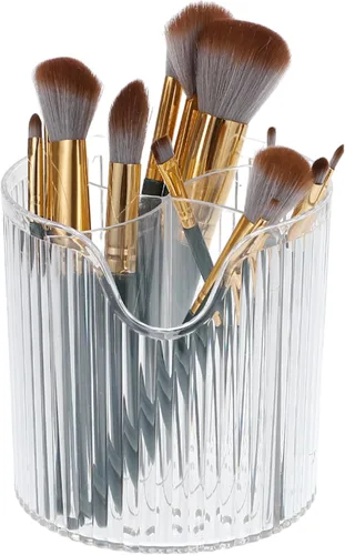 Vista 8 de VOCOSTE Taza para brochas de maquillaje, organizador de maquillaje, soporte para brochas de maquillaje de 4 ranuras, taza de almacenamiento de Marrón