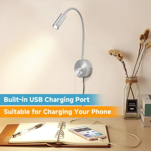 Vista 5 de Luz de lectura regulable montada en la pared con puerto de carga USB, luz de lectura LED enchufable, lámparas de pared con cuello de cisne flexible