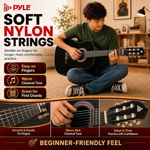 Vista 4 de Pyle Kit de guitarra acústica para principiantes, instrumento de madera de tamaño junior 3/4 con kit completo de accesorios, púas, correa