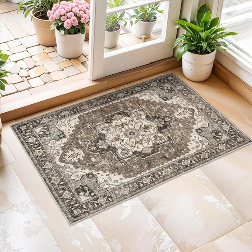 Vista 2 de Alfombra lavable para entrada de 2x3 pies - Alfombra pequeña de entrada vintage desgastada oriental antideslizante que no suelta pelusa, suave
