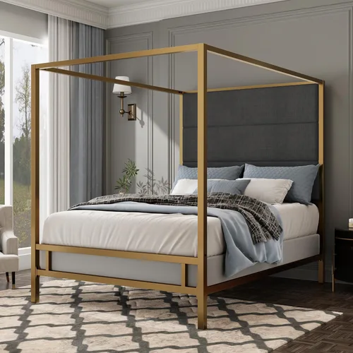 Vista 9 de Cama de Plataforma con Dosel de 4 Postes de Lujo Moderna Tamaño Queen con Cabecera Alta Tapizada en Terciopelo, Marco de Cama de Plataforma