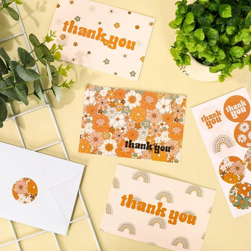 Vista 4 de AnyDesign Paquete de 36 tarjetas de agradecimiento de arco iris boho con calcomanías de sello a juego, sobres de tarjetas de felicitación hippie