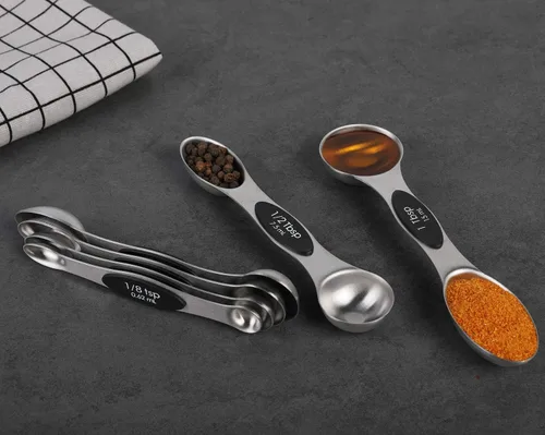Vista 7 de Juego de cucharas medidoras magnéticas de acero inoxidable de doble cara apilables, cucharadita y cucharada para medir ingredientes secos y líquidos