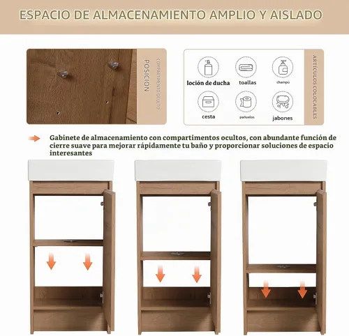 Vista 4 de Tocador de baño pequeño de 16 pulgadas con lavabo, tocador de baño independiente de 16" para espacios pequeños, gabinete de madera contrachapada