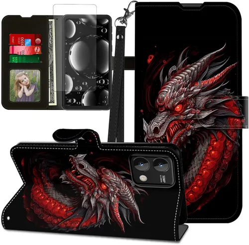 Vista 54 de Funda para Motorola Edge 2022 con protector de pantalla, soporte y tarjetero y correa para la muñeca, funda magnética para Moto Edge 2022 5G UW Lobo