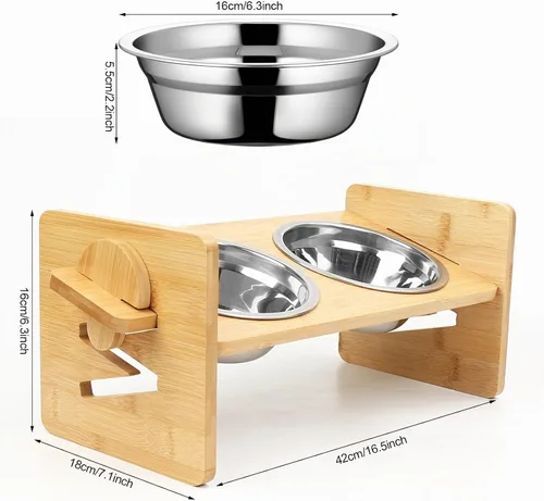 Vista 6 de Cuenco Elevado para Perros, Cuencos Elevados para Perros, Cuenco Inclinado para Mascotas de Agua y Comida, Estación de Alimentación de Bambú