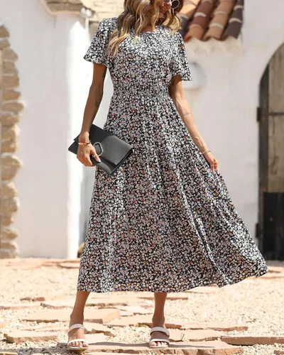 Vista 8 de PRETTYGARDEN - Vestido largo casual de verano para mujer, manga corta, con vuelo, cuello redondo, cintura fruncida, escalonado, bohemio, floral