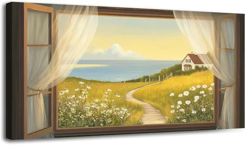 Vista 9 de Arte de pared costero vintage de 30 x 60 pulgadas, paisaje de ventana, granja, paisaje, naturaleza, pintura cálida, impresión sobre lienzo, arte
