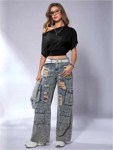 Vista 6 de SweatyRocks Women's Off The Shoulder Tops Asymmetrical Summer Going Out Top Negro