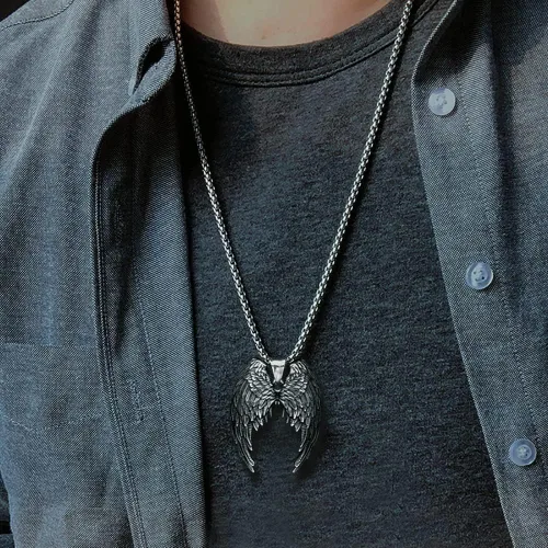 Vista 7 de Bahamut - Collar de alas de ángel guardián para hombres, niños, adolescentes, colgante de acero inoxidable, joyería de amuleto fresco, cadena de 25