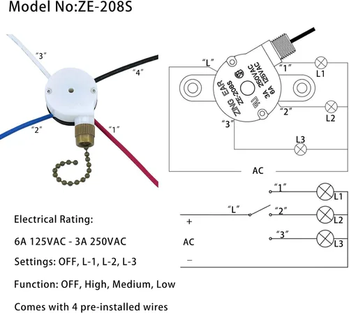 Vista 3 de Interruptor de ventilador de techo Zing Ear ZE-208S E89885 3 Speed 4 Wire Pull Chain con 4 cables preinstalados Reemplazo del interruptor